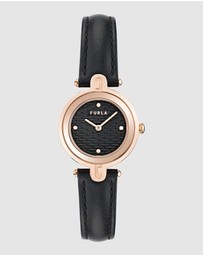 Furla - Arch-Bar Rose Gold-Tone Black Leather Strap Watch