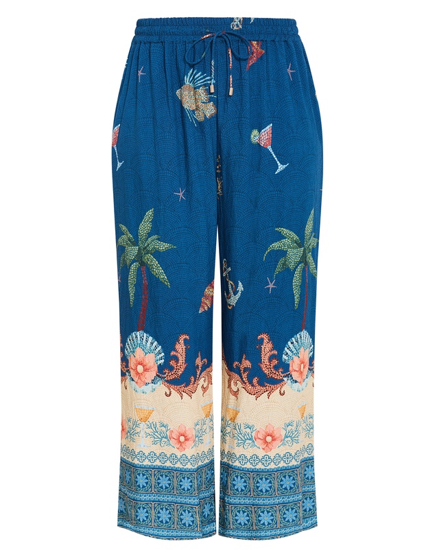 City Chic - Plus size Tia Sea Print Wide Leg Pant - marine navy