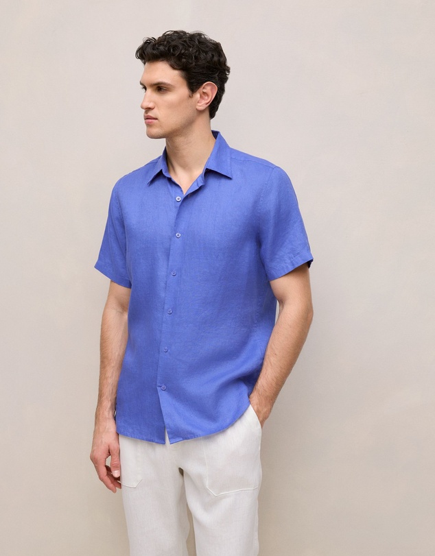 Trenery - Regular Fit Linen Short Sleeve Shirt in Vivid Blue