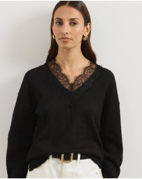 Atmos&Here - Teo V-Neck Knit Jumper With Lace Trim