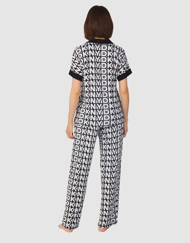DKNY - Logo Print Viscose Jersey Button Up Short Sleeve Long Pyjama Set