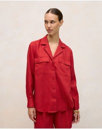 Trenery - Linen Pocket Detail Long Sleeve Shirt in Cherry Red