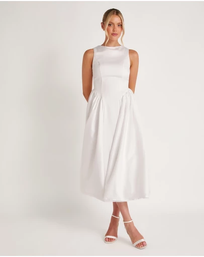Six Stories - Drop Waist Midi Dress with Volume Skirt