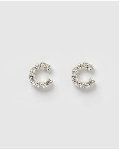 Izoa - Alphabet Mini Letter C Stud Earrings Silver