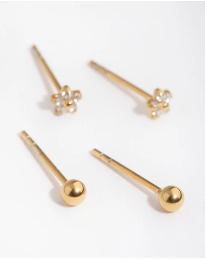 Lovisa - 24 Carat Gold Plated Surgical Steel Flower & Ball Pack Stud Earrings