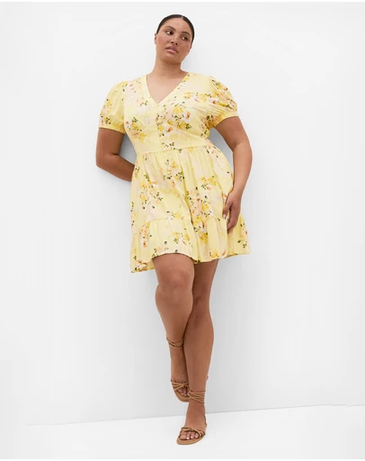 City Chic - Plus size Elsie Blossom Print Short Sleeve Mini Dress - lemon