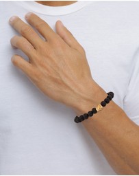 Kuzzoi - ICONIC EXCLUSIVE - Bracelet Men Skull Bead Robust with Black Lava Beads in 925 Sterling Silver Gold Plated
