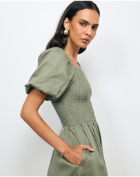 AERE - Olana Shirred Linen Midi Dress