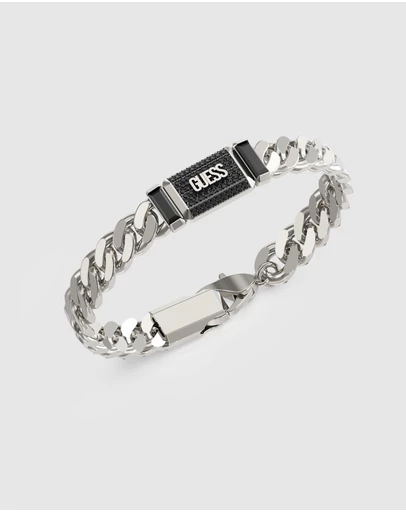 GUESS - GUESS Mens Silver-Tone Supremo GUESS Tag Bracelet