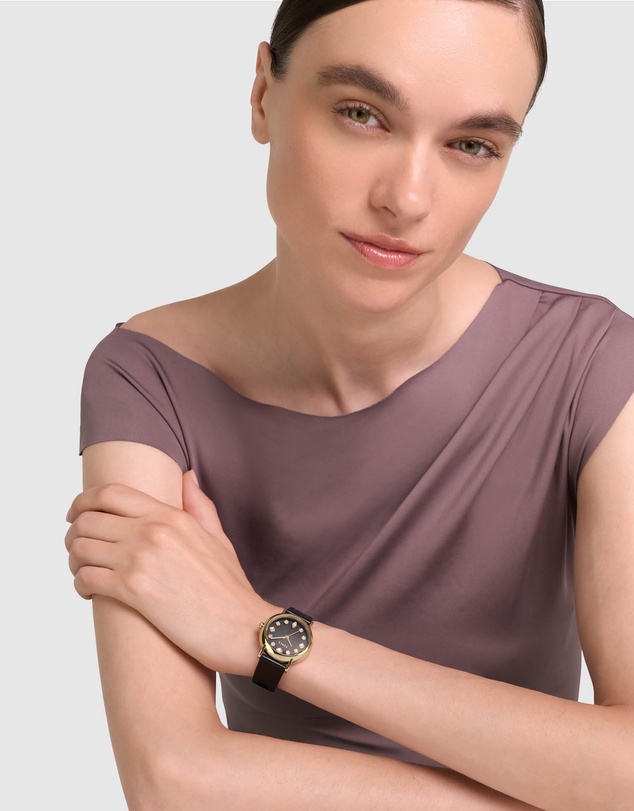 Furla - Easy Shape Yellow Gold-Tone Black Leather Strap Watch