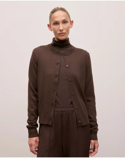 Trenery - Merino Classic Crew Cardigan in Coffee Bean