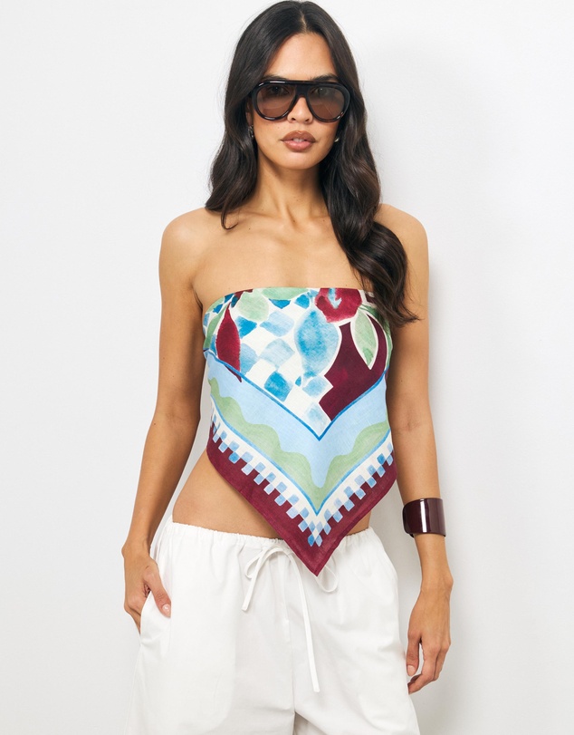 AERE - Azul Print Linen Scarf Top