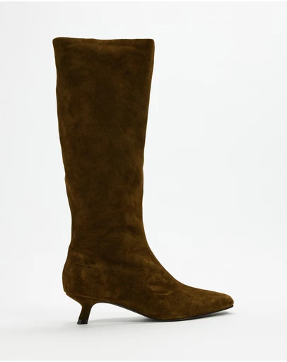AERE - Maria Suede Knee High Kitten Heel Boots