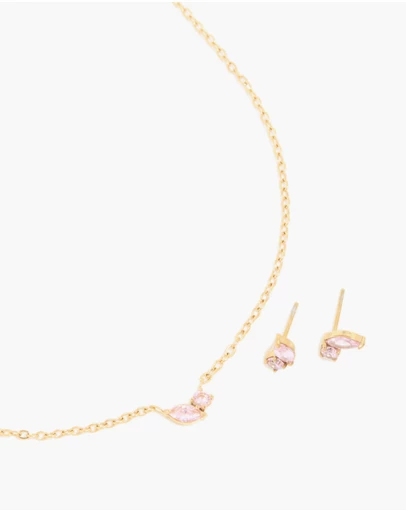 Lovisa - Waterproof Gold Plated Stainless Steel October Pink Cubic Zirconia Birthstone Necklace & Earrings Set