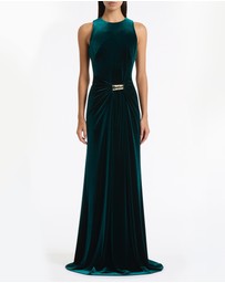 Carla Zampatti - Hunter Green Velvet Gold Detail Maxi Dress