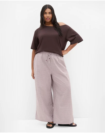 City Chic - Plus size Gingham Check Cotton Wide Leg Pant - chocolate