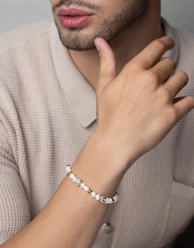 Nialaya Jewellery - Men's Evil Eye Pearl Bracelet
