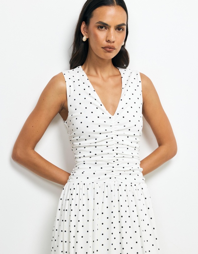 Revibe - Repaired AERE Lottie Spot Ruched Midi Dress - AU 12