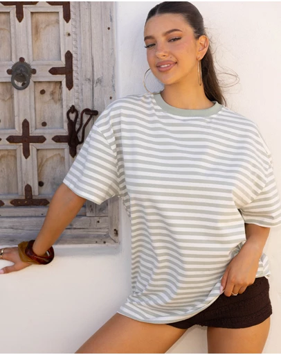 Beginning Boutique - Alba Sage Stripe Oversized Tee
