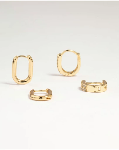 Lovisa - Gold Plated Brass Oval Plain & Cubic Zirconia Huggie Earrings 2-Pack