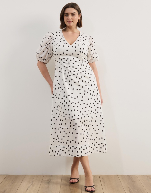 Atmos&Here Curvy - Stephanie Polka Dot Sweetheart Puff Sleeve Linen Blend Midi Dress