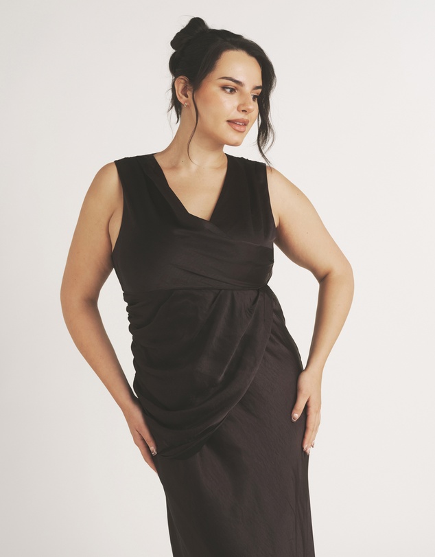 Six Stories - Plunge Drape Detail Satin Bridesmaid Dress