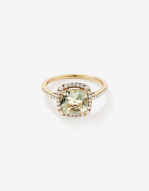 Michael Hill - Cushion Cut Green Amethyst Gemstone and 0.25 Carat TW Diamond Halo Ring in 10kt Yellow Gold