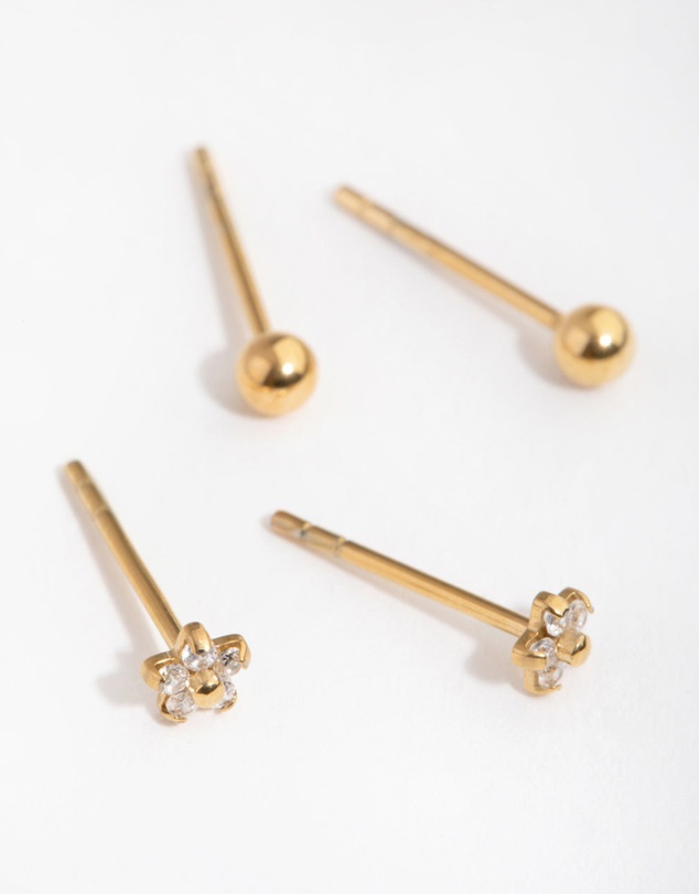 Lovisa - 24 Carat Gold Plated Surgical Steel Flower & Ball Pack Stud Earrings