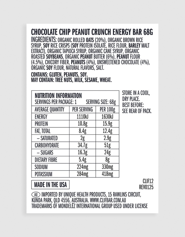 CLIF - Chocolate Chip Peanut Crunch Energy Bar - 12x68g