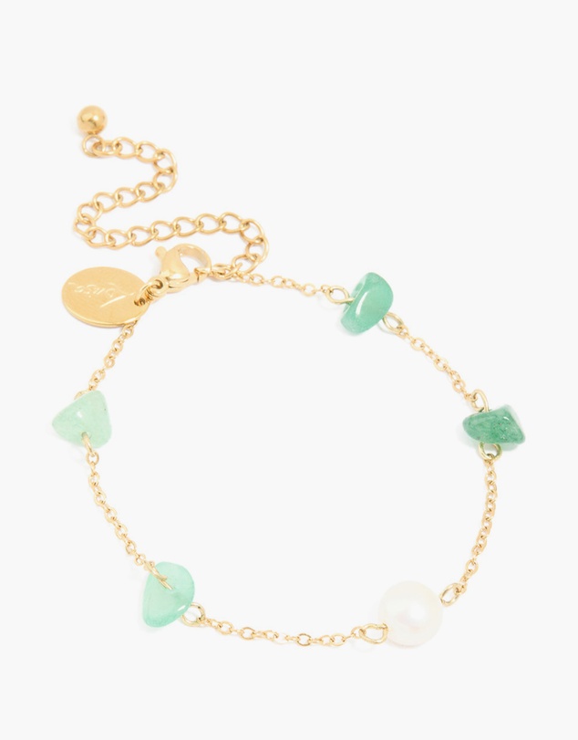 Lovisa - Waterproof Gold-Plated Stainless Steel Pearl & Green Semi Precious Stone Chip Bracelet