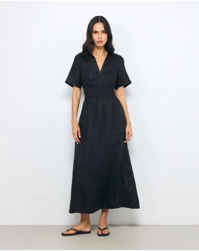 AERE - Ada Shirred Waist Linen Shirt Dress
