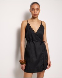 AERE - Nora Beaded Linen Wrap Mini Dress