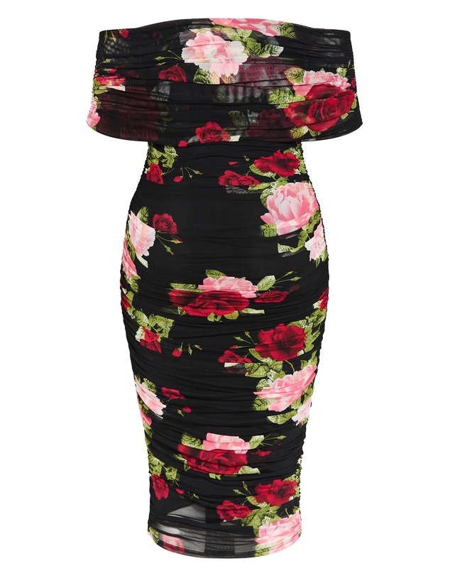 City Chic - Plus Size Dana Mesh Rose Print Dress - black