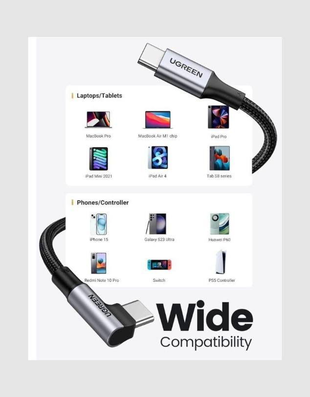 Ugreen - UGREEN 90 Degree Angle USB-C Male to USB-C Male 100W Braided Cable 2m
