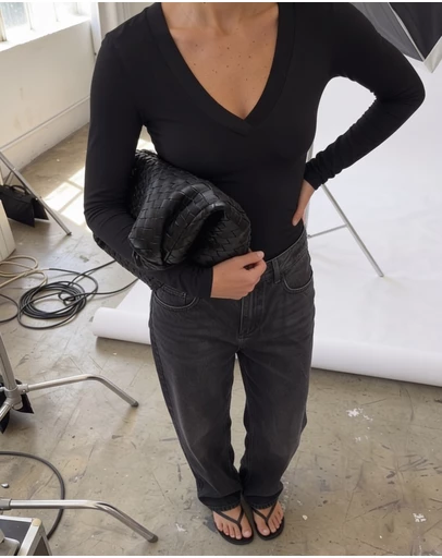 Style Addict - Margaux Deep V Henley Top - Black
