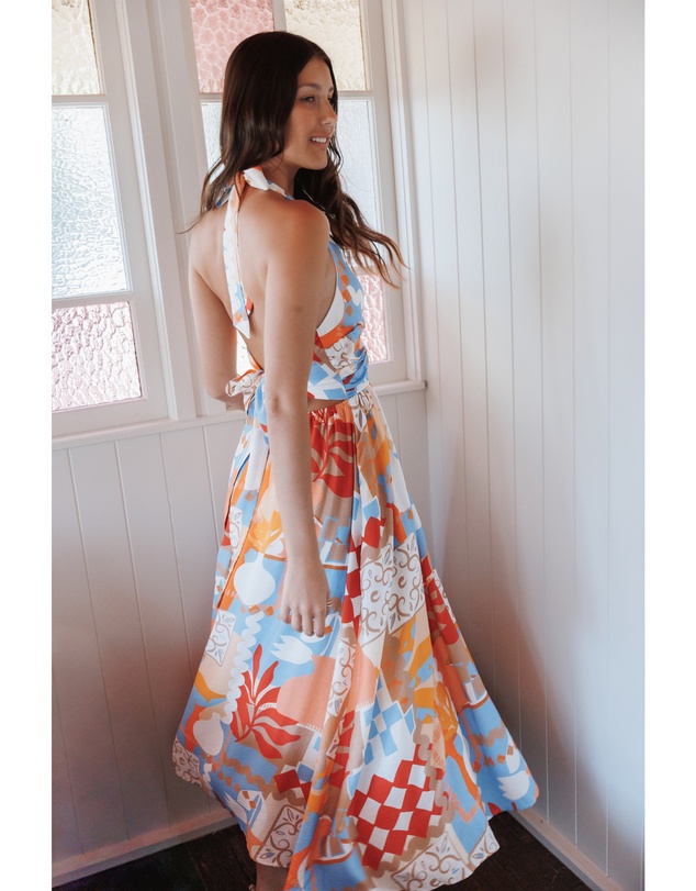 Petal & Pup - Juliana Halterneck Midi Dress - Blue Red Geo Tropic