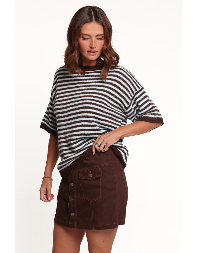 Petal & Pup - Cordelia Short Sleeve Sweater - Chocolate Stripe