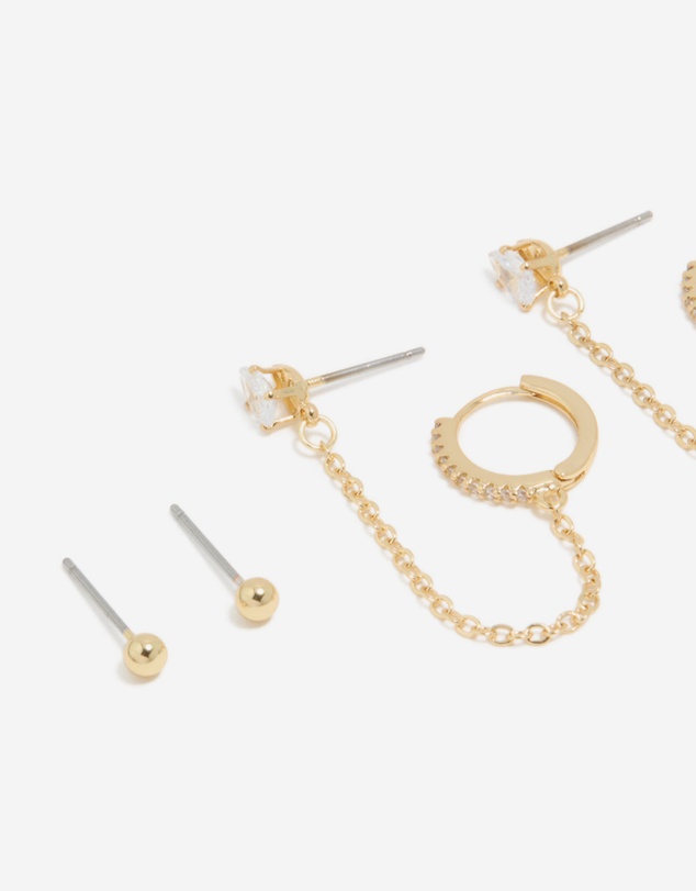 Lovisa - Gold Plated Cubic Zirconia Chain & Huggie Earrings 4-Pack