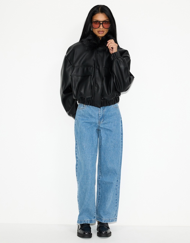 Dazie - Harley PU Bomber With Detachable Faux Fur Collar