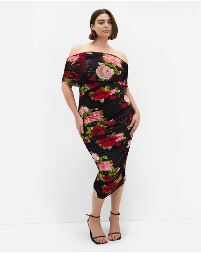 City Chic - Plus Size Dana Mesh Rose Print Dress - black