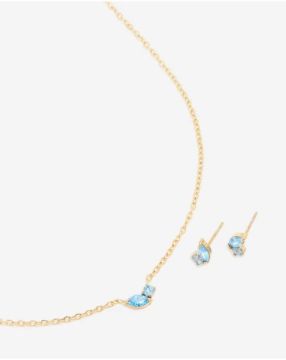 Lovisa - Waterproof Gold Plated Stainless Steel December Cubic Zirconia Blue Birthstone Necklace & Earrings Set