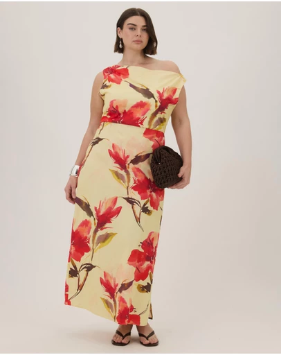 Atmos&Here Curvy - Sofia Linen Blend Maxi Dress In Hibiscus Haze Print