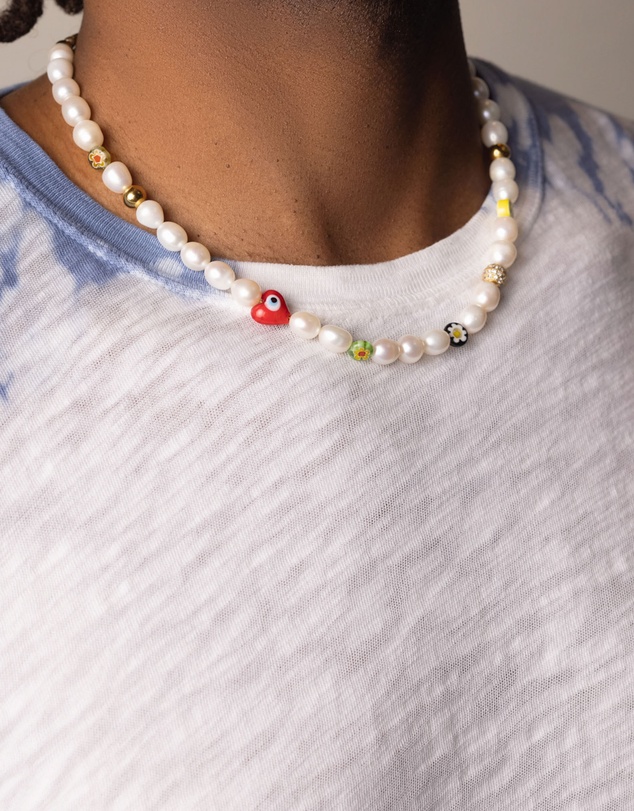 Nialaya Jewellery - Men's Smiley Face Pearl Choker with Assorted Beads