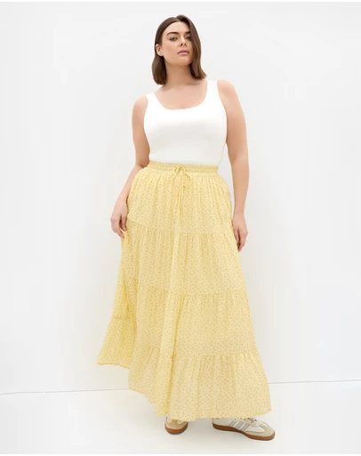City Chic - Plus size Milly Ditsy Print Tiered Maxi Skirt - lemon