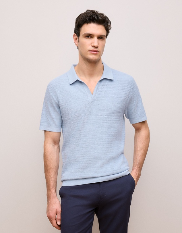 Trenery - Cotton Linen Collared Knit Polo in Ice Blue