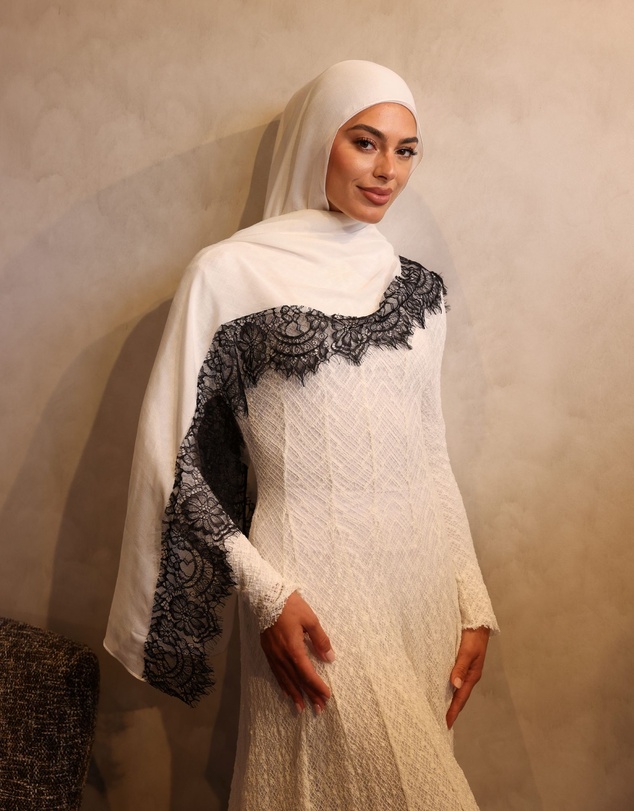 Mod Squad - Lace trim modal hijab - Snow with Midnight trim
