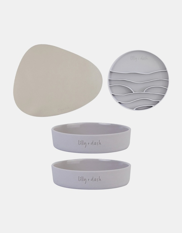 Lilly + Dash - Cat Eat and Drink Set – 2 Bowls + Lick Insert + Slate Placemat