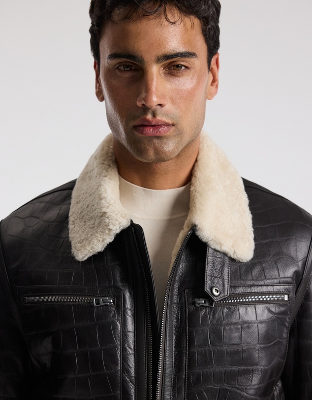 Calibre - Croc Embossed Leather Shearling Jacket Chocolate