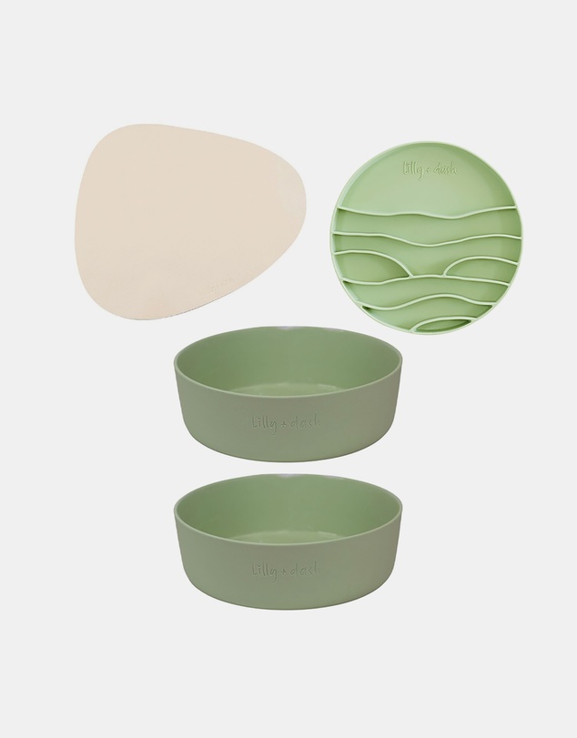 Lilly + Dash - Dog Eat and Drink Set – 2 Bowls + Lick Insert + Sand Placemat Set