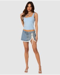 EDIKTED - Eyelet Lace Up Denim Mini Skirt